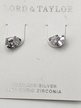 NEW Lord & Taylor Sterling Silver Pear-Shaped Clear CZ Stud Earrings